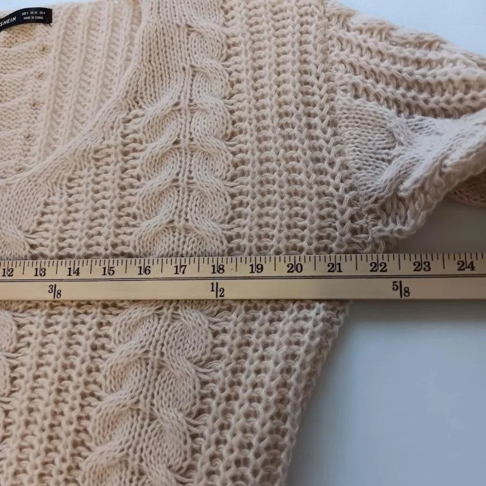 SHEIN Sweater‎ Womens Small Blush Pink Cable Knit V Neck Open Knit Pullover